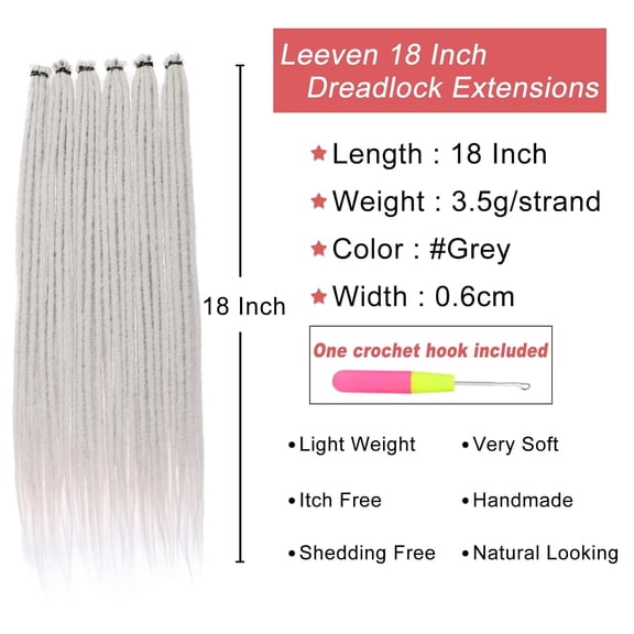 WEIF-40 Strands Grey Dreadlock Extensions 18 Inch Single Ended Handmade Soft Dreads Extensions 0.6 cm Width Loc Extensions Synthetic Reggae Hippe Style Crochet Hair for Women Men