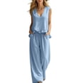 thumbnail image 5 of BRELIL Women's Two Piece Sets V Neck Sleeveless Tank Top Wide Leg Pants Casual Solid Boho Beach Loose Lounge Matching Outfits Vacation Travel Tracksuit, Sky Blue L, 5 of 9