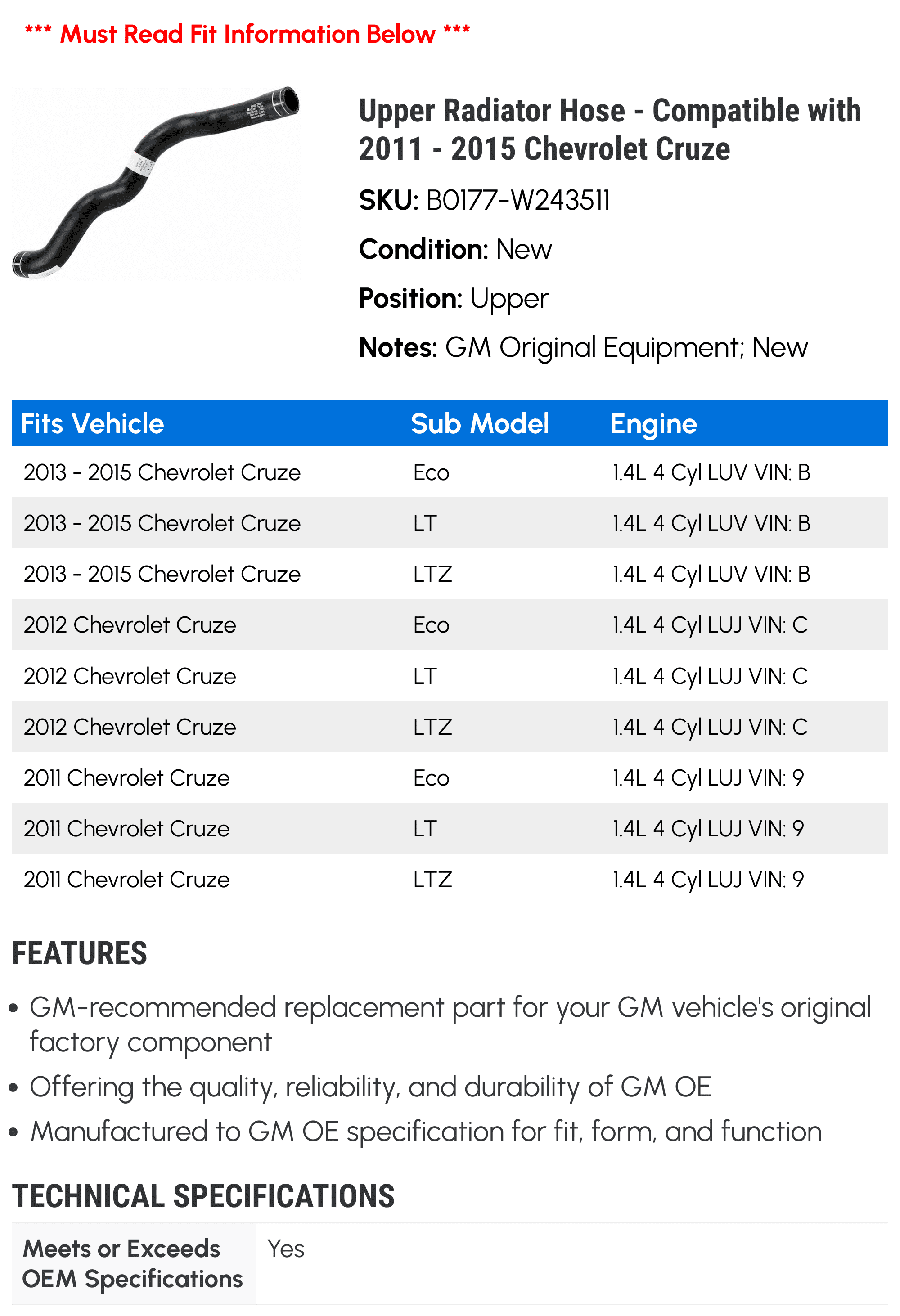 Upper Radiator Hose - Compatible with 2011 - 2015 Chevy Cruze 2012 2013 2014