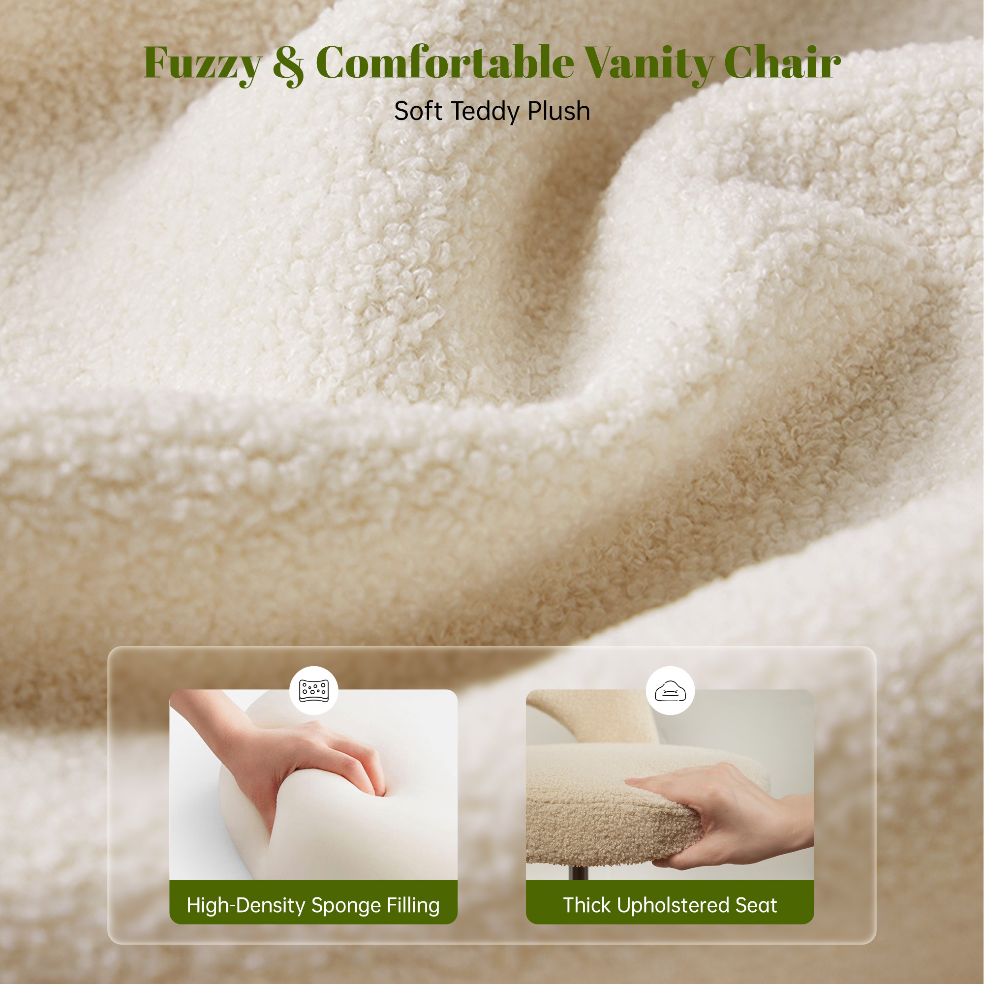 Romorgniz Adjustable Vanity Chair with Backrest Teddy Velvet Swivel Desk Chair with Wheels, Space-Saving Makeup Computer Chair, Off-White