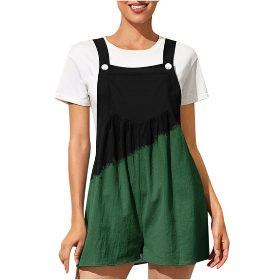 Wycnly Womens Jumpsuits Loose Casual Linen Pleated Swing Wide Leg Strap Short Jumpsuits Trendy Color Patchwork Square Neck Sleeveless Mini Summer Rompers Army Green l