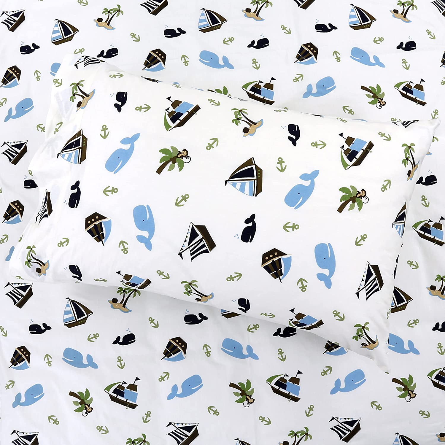 Ocean Blue Whale Ships Sail Monkey Island 3 Piece White Cotton Toddler Sheet Set