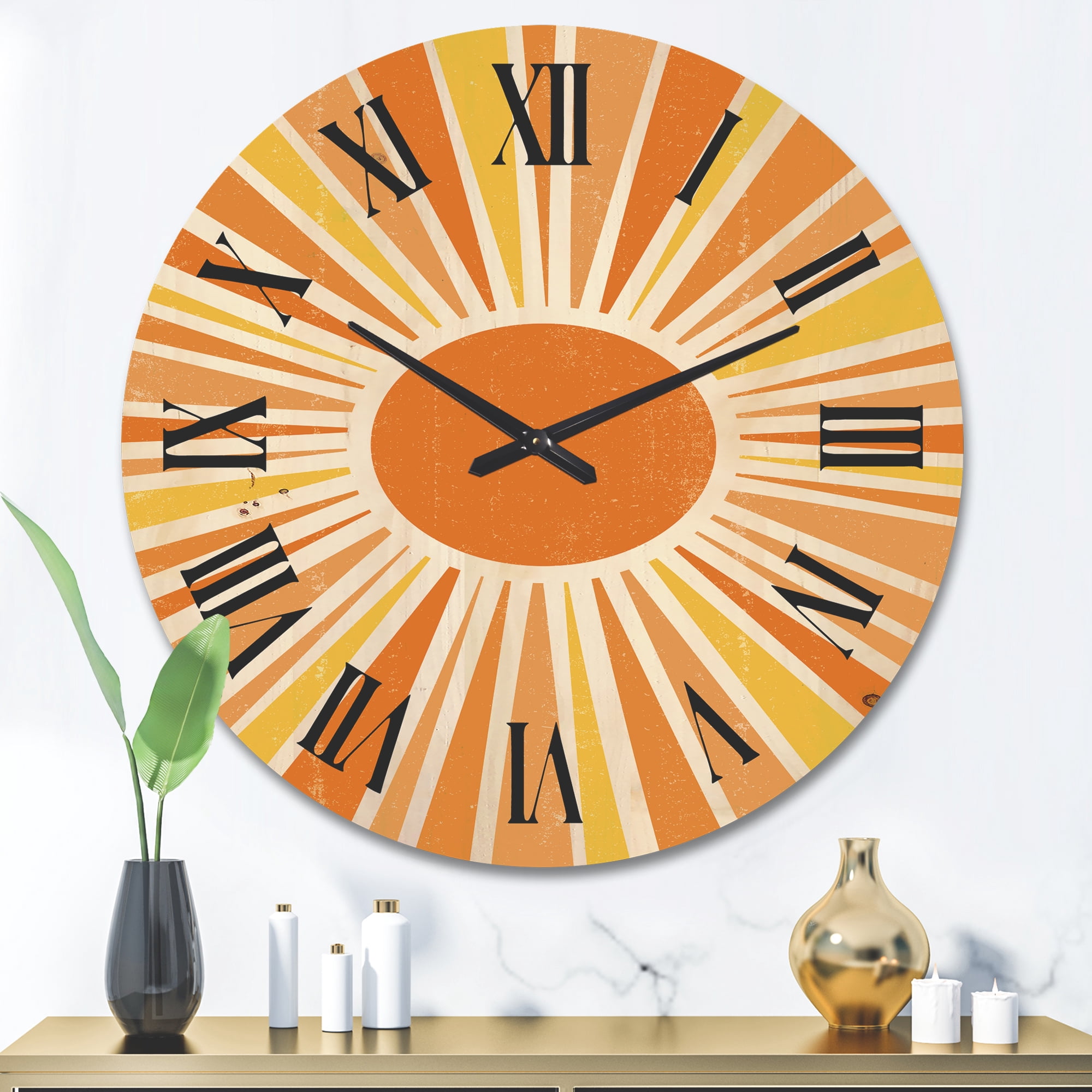 Designart 'Minimal Bright Shining Orange Sun Rays I' Modern Wood Wall Clock