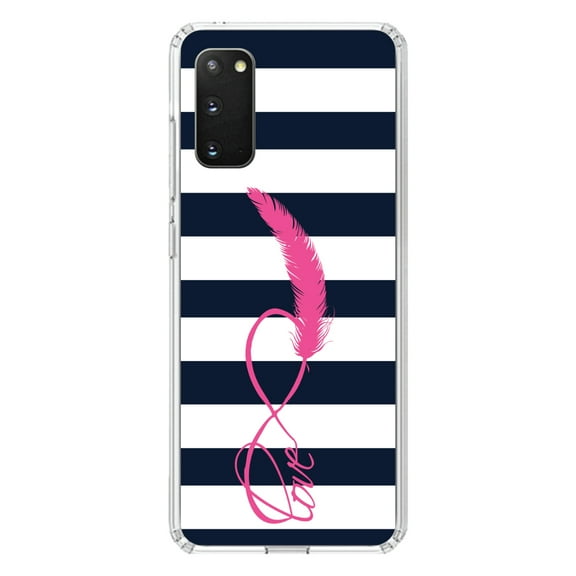 DistinctInk Clear Shockproof Hybrid Case for Galaxy S20 PLUS / 5G (6.7" Screen) - TPU Bumper, Acrylic Back, Tempered Glass Screen Protector - Navy White Stripes Pink Love - Stripes Pattern
