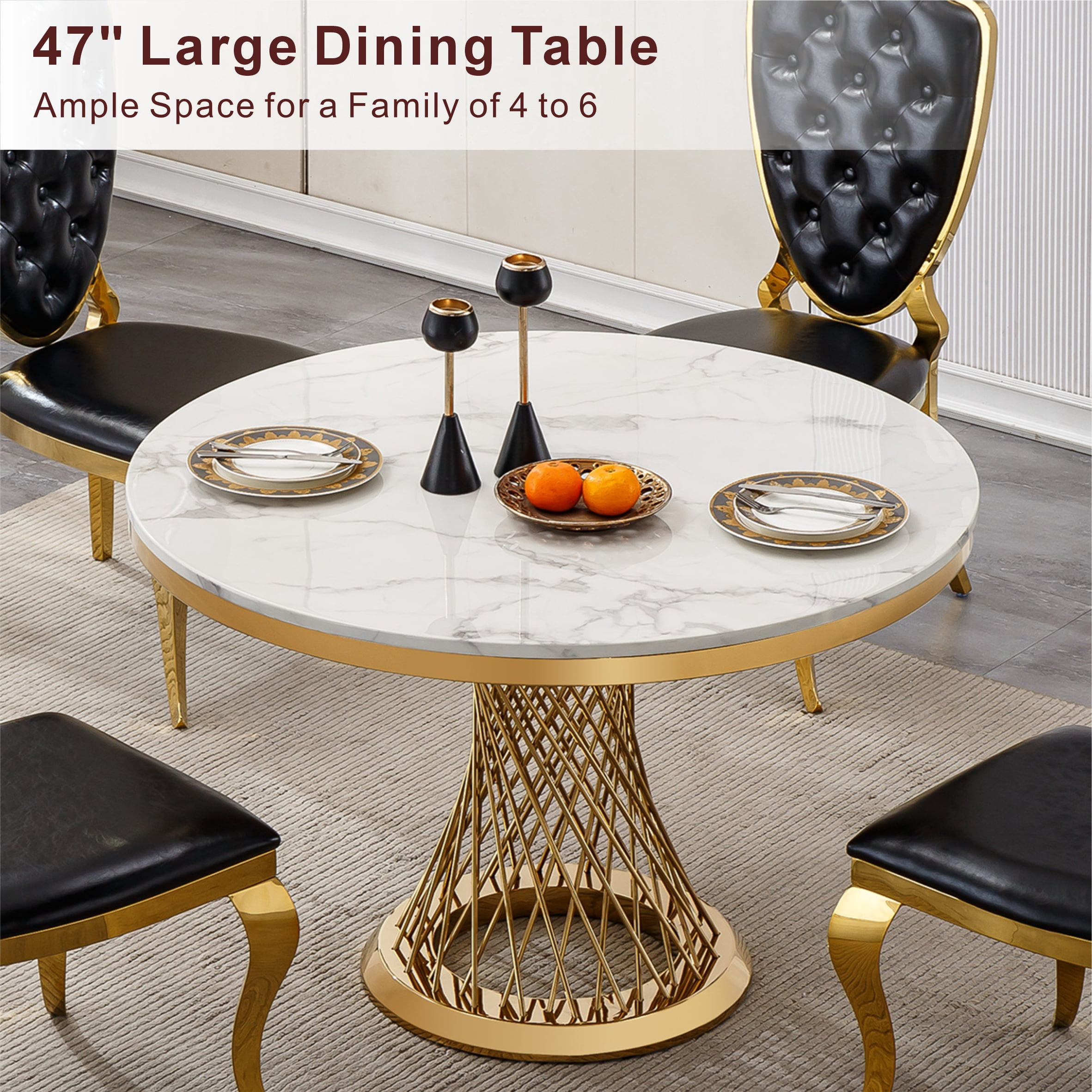 GAKMCIL 47" Round Marble Dining Table for 4-6 People, Modern Kitchen Table with High Glossy Faux Marble Top, Stainless Steel Base, 300lbs Load, Easy Assembly for Dining Room, Kitchen (Gold&White)