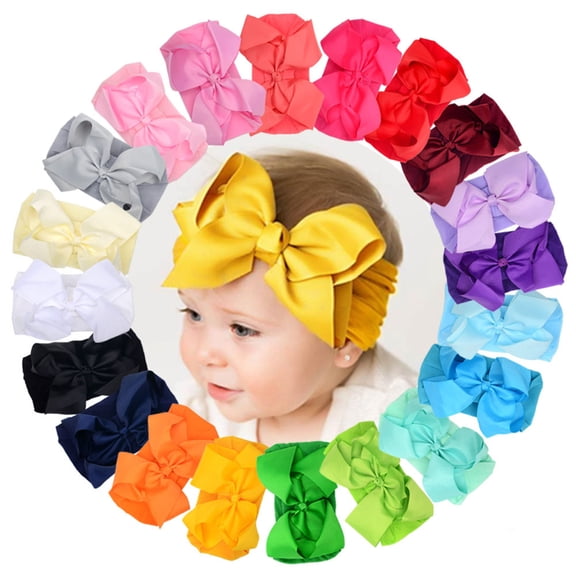 TELOLY Baby Girl Headband-20Pcs Nylon Hair Accessories with Big Ribbon Bows,Soft Lightweight
