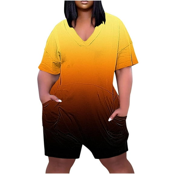 Jalioing Womens Jumpsuit Plus Size Short Sleeve V Neck Rompers Summer Casual One-Piece Short Overalls with Pocket