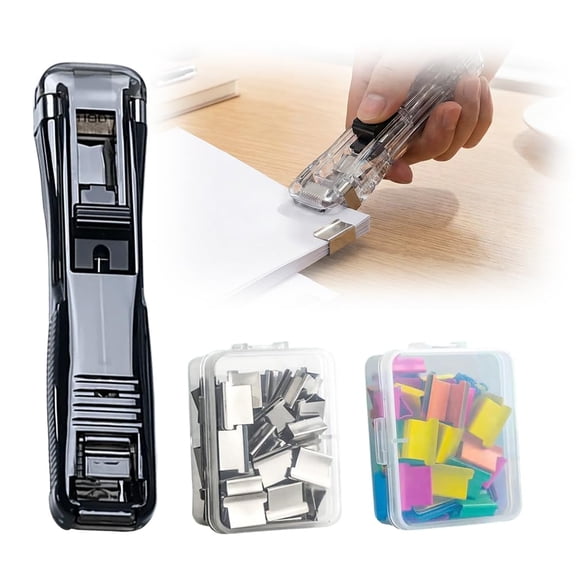 Portable Push Binder Clips Dispenser, Binder Clip Stapler Tool with 50 Silver 50 Color Clips, Paper Fastener Organizer for Office School Home