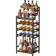 X-COSRACK Freestanding Floor Wine Rack and Liquor Cabinet, Rustic Wine Storage Shelf with Stepped Display, Home Bar Stand for Red Wine, Champagne & Whiskey, Brown
