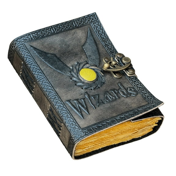 Wizards Leather Journal With Yellow Semi-Precious Stone and FlyingKey Embedded Backside - Vintage Leather Journal - Book of Shadows - Blank Spell Book - Grimoire Wiccan Supplies Witchcraft Antique