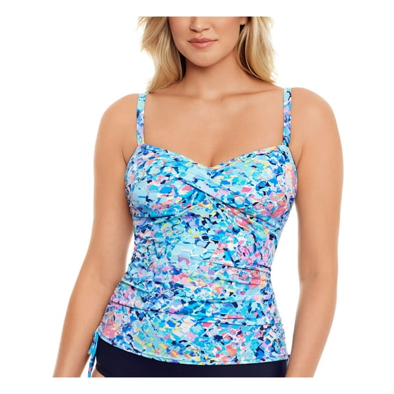 SWIM SOLUTIONS Women's Blue Printed Stretch Lined Adjustable Sweetheart Tankini Swimsuit Top 12