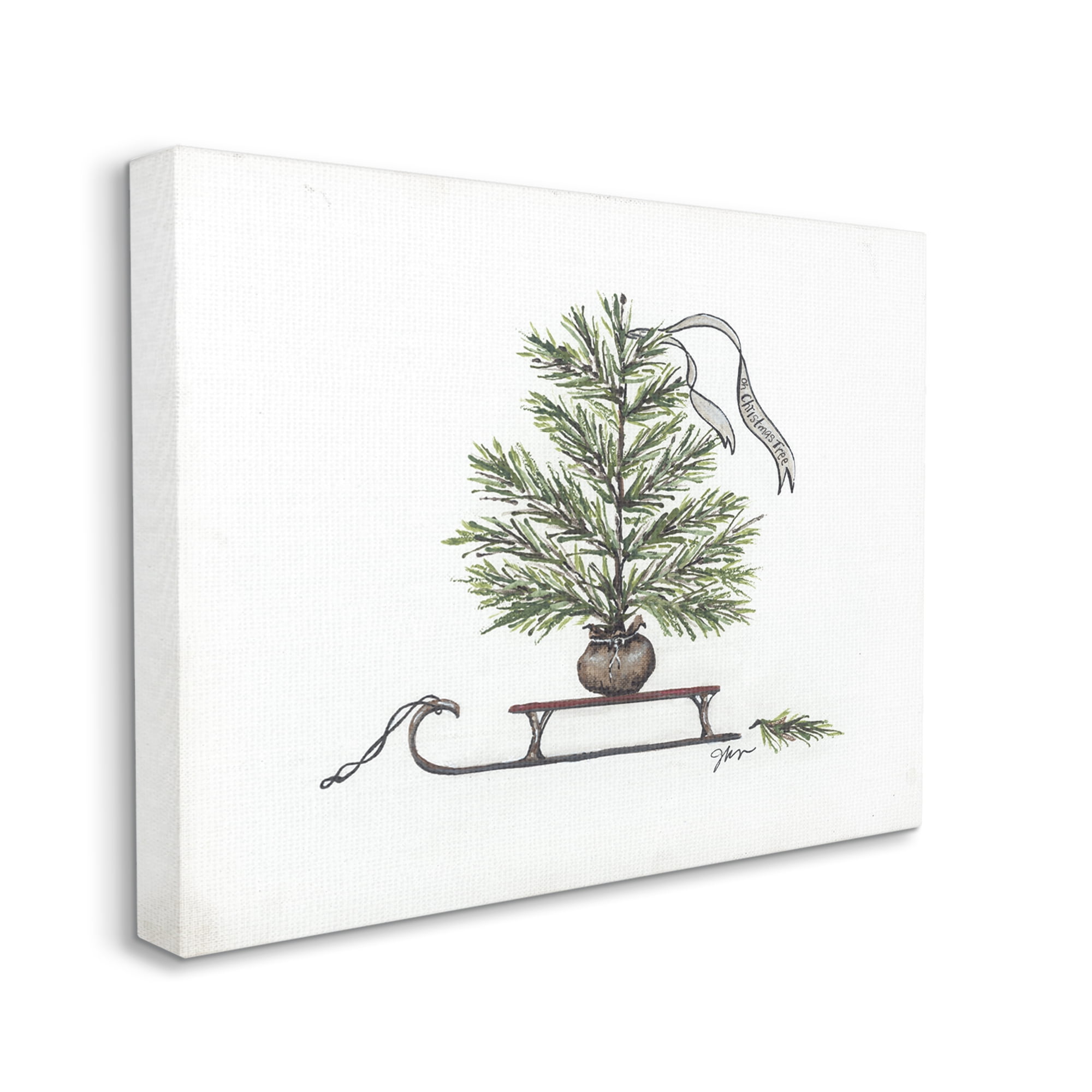 Endearing Christmas Fir Tree Sleigh Festive Ribbon Botanical & Floral Painting Gallery-Wrapped Canvas Print Wall Art