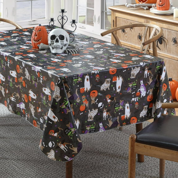 Newbridge Halloween Pets Trick or Treat 52 x 52 inch Square Vinyl Flannel Backed Dining Tablecloth