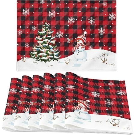 

JOOCAR Christmas Placemats 18x12 Inch Red Black Buffalo Plaid Christmas Tree Snowman Snowflake Christmas Placemats Set of 6 Placemats for Home Table Holiday Decorations