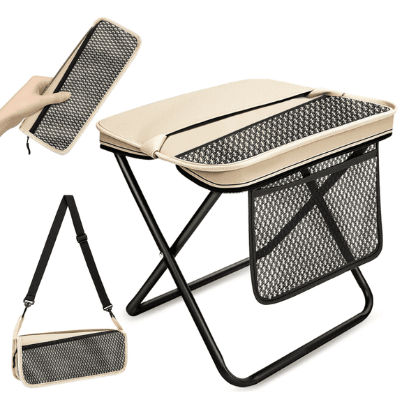 Portable Folding Camp Stool with Side Pocket, Tall Foldable Camping Stool for Adults, Lightweight Metal Camping Chair, Compact Travel Seat for Fishing, Hiking & Outdoor Camping(Khaki)