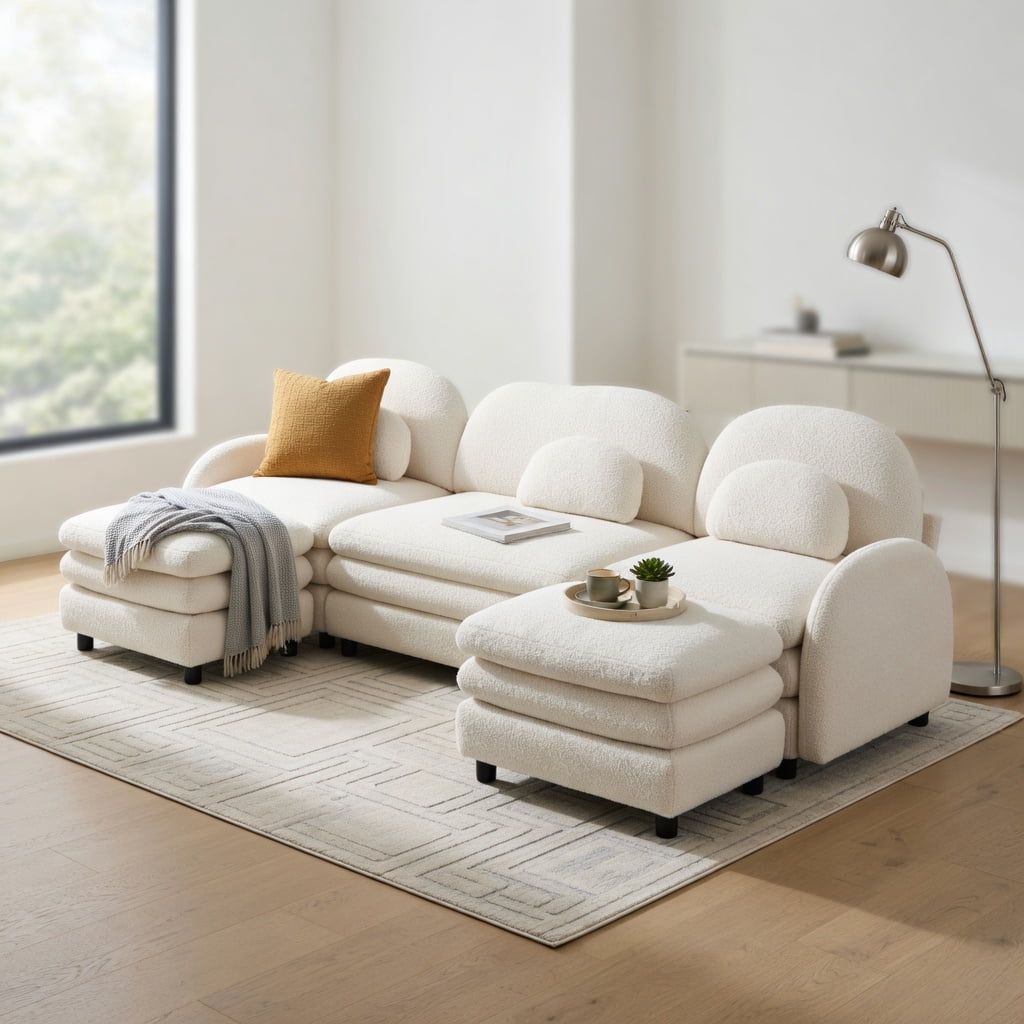 Hommoo Teddy Fleece 4-Seat Modular Sectional Sofa with Curved Backrest, Cloud-Like Double-Layer Cushions & 2 Movable Ottomans, Beige