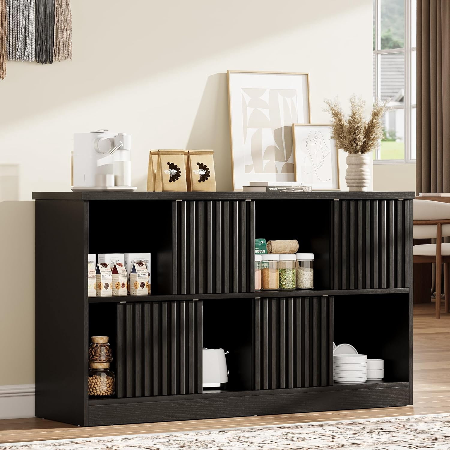 iPormis 8 Cube Bookcase Storage Organizer - 4 Fluted Sliding Doors, 2-Tier Wooden Bookshelf, 47.2" Freestanding Bookcase Shelf for Home/Office,Black