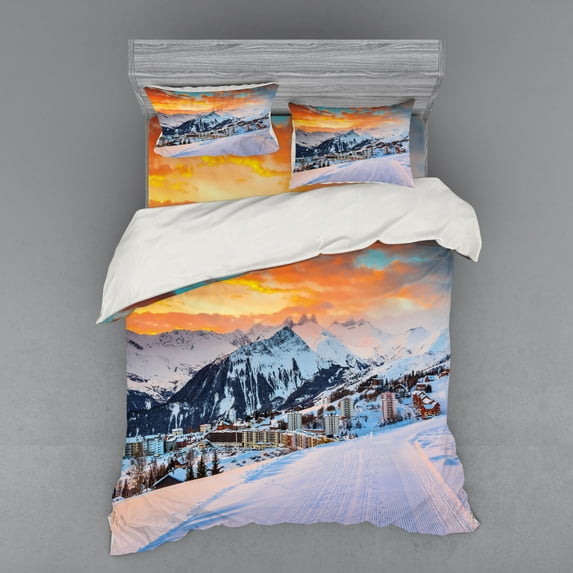 Winter Duvet Cover Set, Majestic Winter Seasonal Scenery over High Mountain Peaks with Dusk Color Sky, Bedding Set with Shams and Fitted Sheet, 3 Sizes, by Ambesonne
