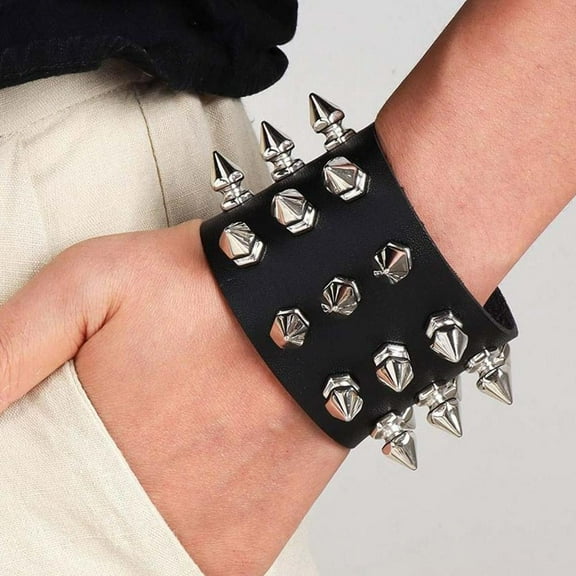 FurNest Punk Gothic Exaggerated Leather Bracelet Three Row C5V6 Pin Bracelet