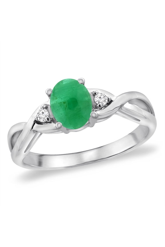 14K White Gold Diamond Natural Cabochon Emerald Infinity Engagement Ring Oval 7x5 mm, size 6.5