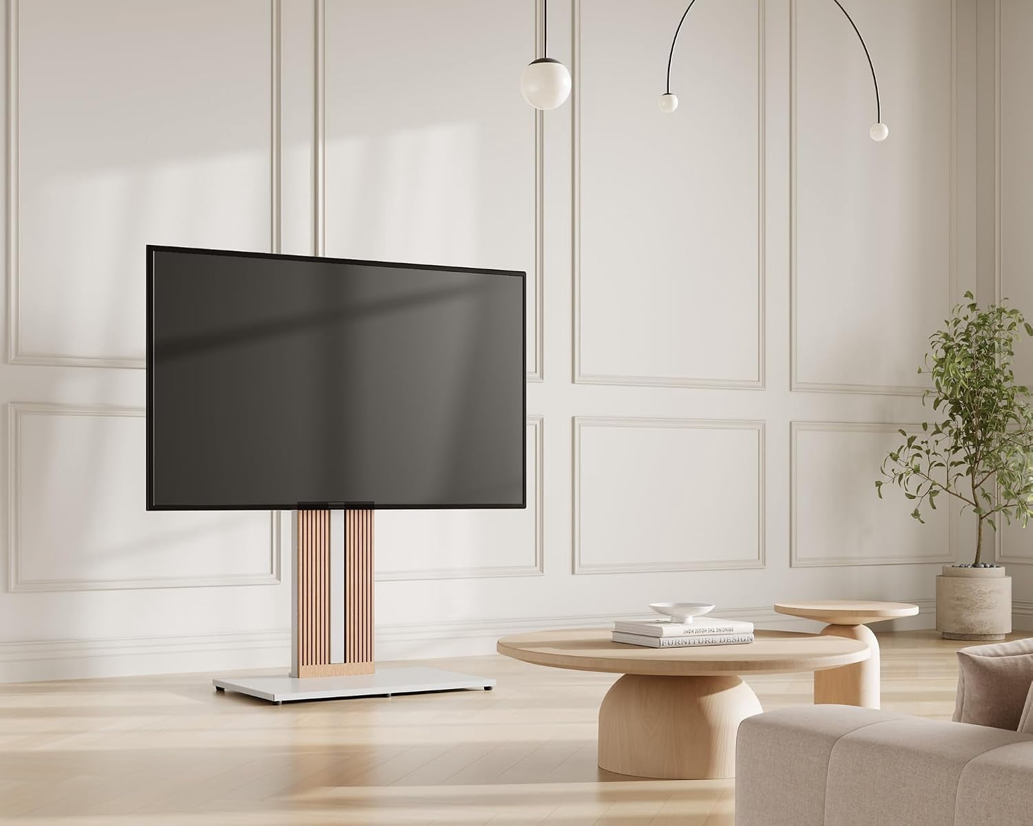 FITUEYES Zen Series Floor TV Stand for 55–88 Inch TVs, White & Light Wood, Hidden Storage