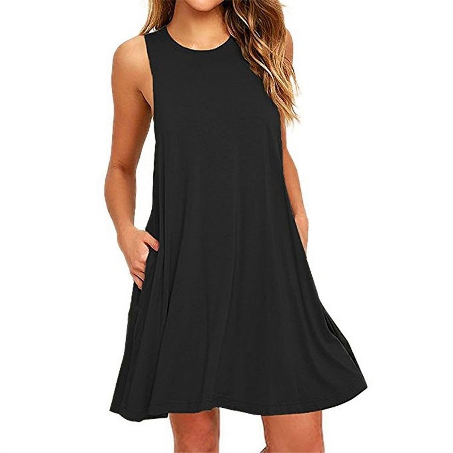 New Fashion Women's Solid Color Loose Round Neck Mid-Waist Sleeveless Pocket Vest Dress