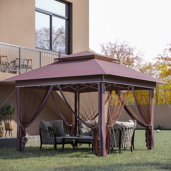 Outsunny 12' x 12' Pop Up Canopy Tent with Netting and Carry Bag, Instant Sun Shelter with 137 sq.ft Shade, Tents for Parties, Height Adjustable, for Outdoor, Garden, Patio, Brown