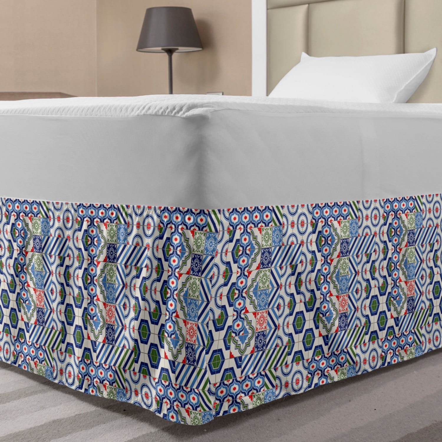 Moroccan Bed Skirt, Oriental Moroccan Motifs in Retro Colors Eastern