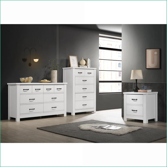 Cassini 3 Piece Modern Bedroom Set | Dresser, Chest, Nightstand | White | Engineered Wood
