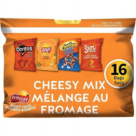 Frito-Lay Chips Variety Pack, Cheesy Mix, (Doritos Zesty Cheese, Lays Cheddar Jalapeno, Cheetos Cheese Puffs & Sun Chips Harvest Cheddar Flavors), (16ct x 28g), 448g/15.8 oz