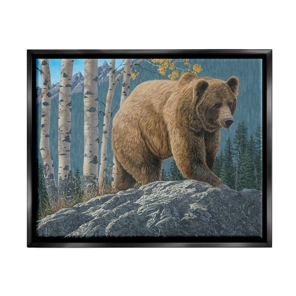 Stupell Industries Brown Bear on Rock Animals & Insects Painting Black Floater Framed Canvas Art Print Wall Art, 21 x 17