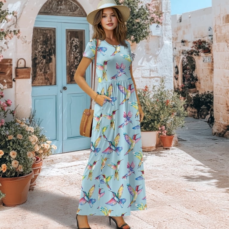 polyester beach dress Psesaysky and Spandex Short Sleeve Long Maxi for Daily Daily Wear Beach, Flowy Stretch Long Dress, Hummingbird Colorful Flight neck:18 neat look Saladana Maxi Dress shir-ig