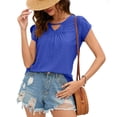 thumbnail image 4 of Baywell Womens Pleated Front Key Hole Scoop V Neck Casual Summer Tops Tee Shirts Dressy Short Petal Short Sleeve Fashion Loose Blouse Blue M, 4 of 9