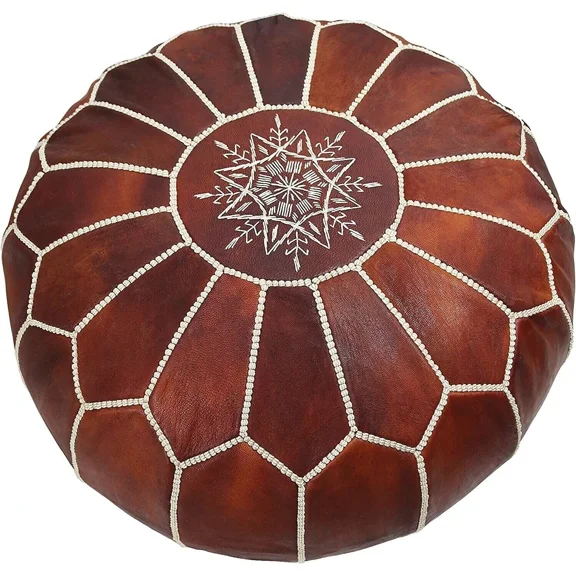 Shakun Leather Moroccan Eclectic Tan Brown Goat Leather Pouf Handmade UnStuffed Footstool
