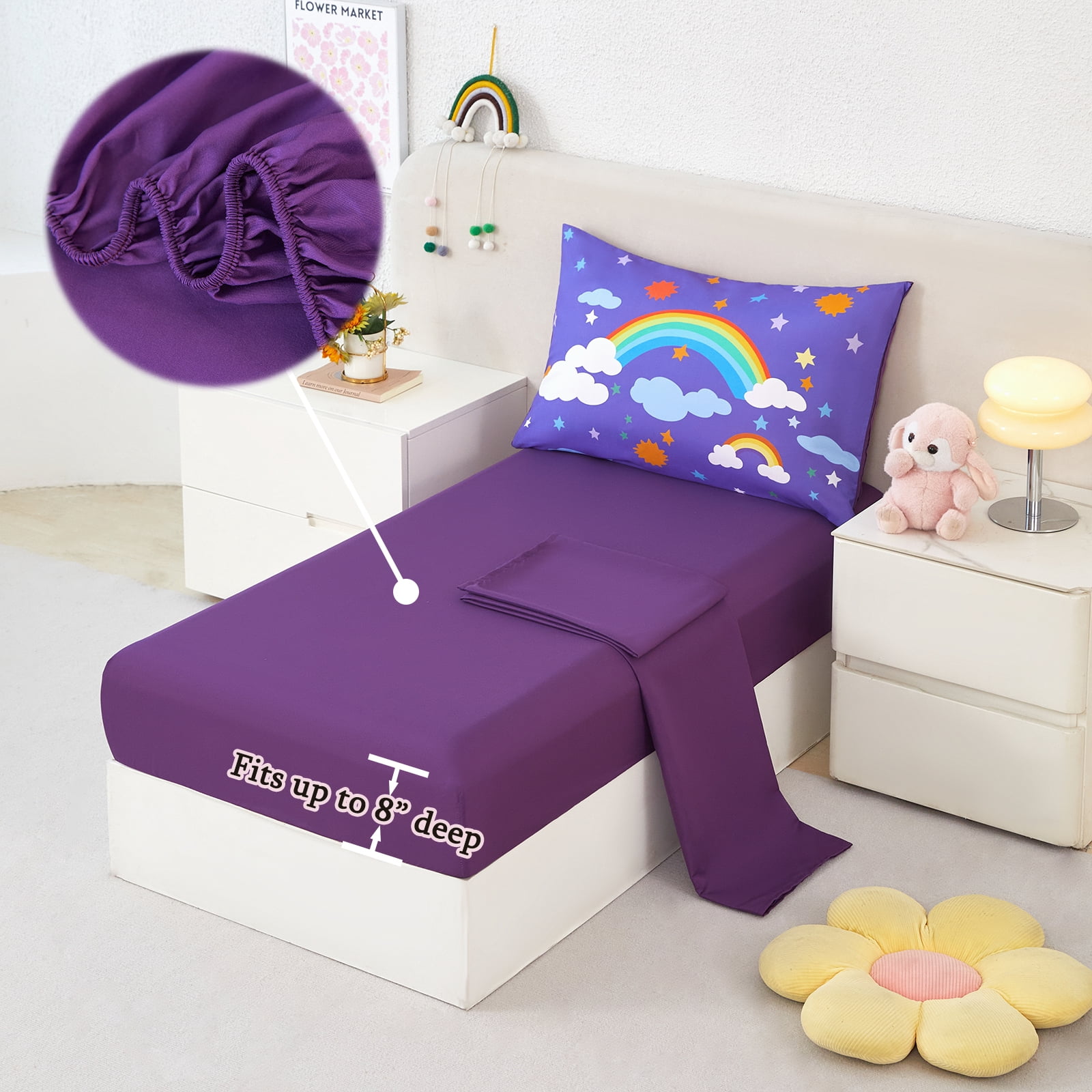 ZRNBAST 4 Piece Toddler Comforter Set for Girls, Soft Colorful Rainbow Clouds Printed Bedding Set, Purple