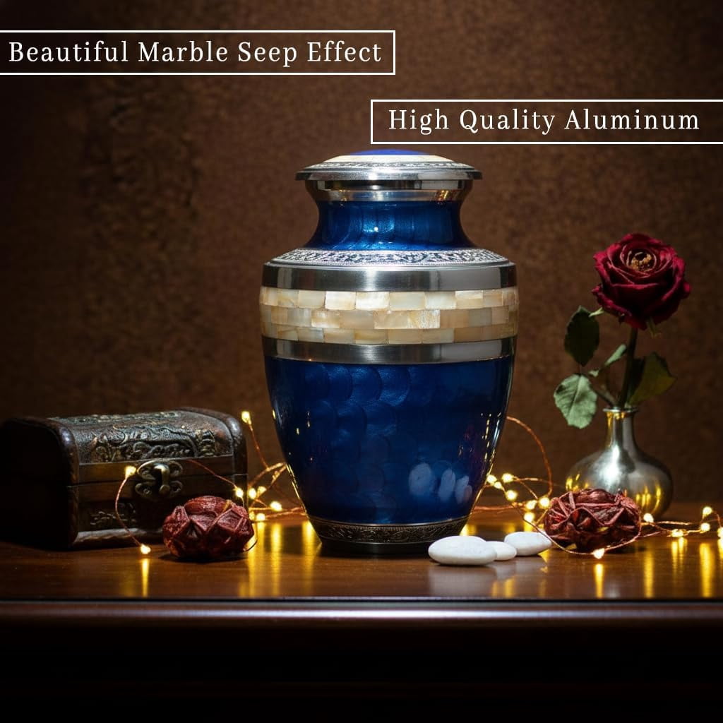 Cresta Modern Cremation Urn for Human Ashes - Handmade Large Adult Urns for Ashes - Funeral Urn for Men & Women - Burial Urns for Home - Aluminum Blue