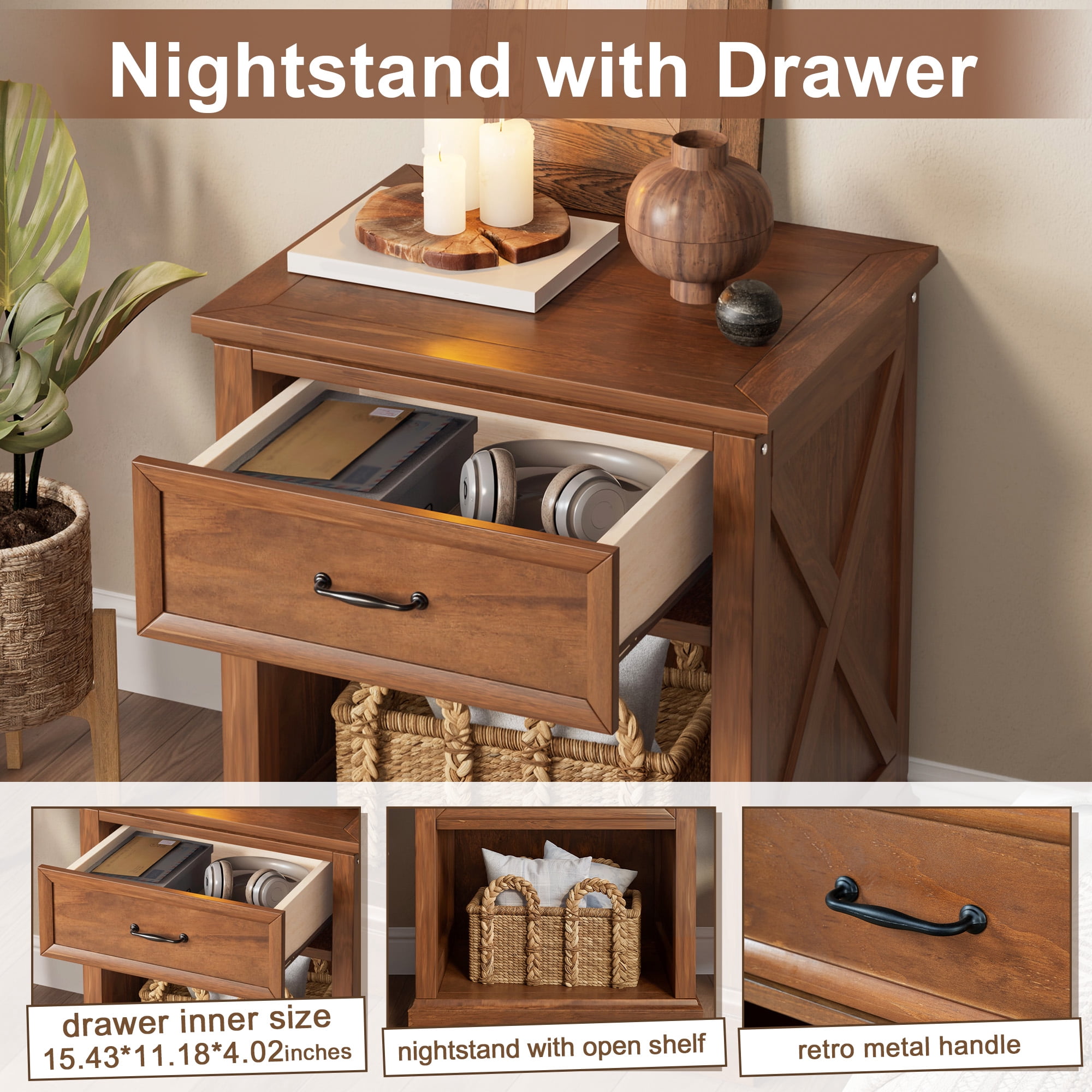 Mintazer 4 Piece Farmhouse Bedroom Set, Bedroom Furniture Set with Queen Size Platform Bed Frame and 2 Nightstands & Dresser for Bedroom, Walnut