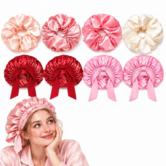 Adjustable Satin Bonnets for Sleeping 8-Packs with Hair Ties, Double-Layer Silk Sleep Caps with Adjustable Band for Women Curly Hair & Daily Hair Care