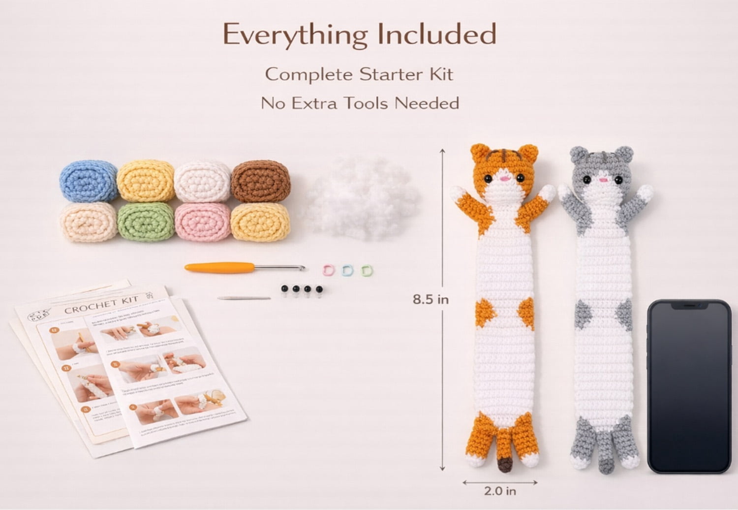 2 Pack Long Cat Bookmark Crochet Kit for Beginners, Cat Amigurumi Starter Set with Step by Step Video Tutorials, TIKA