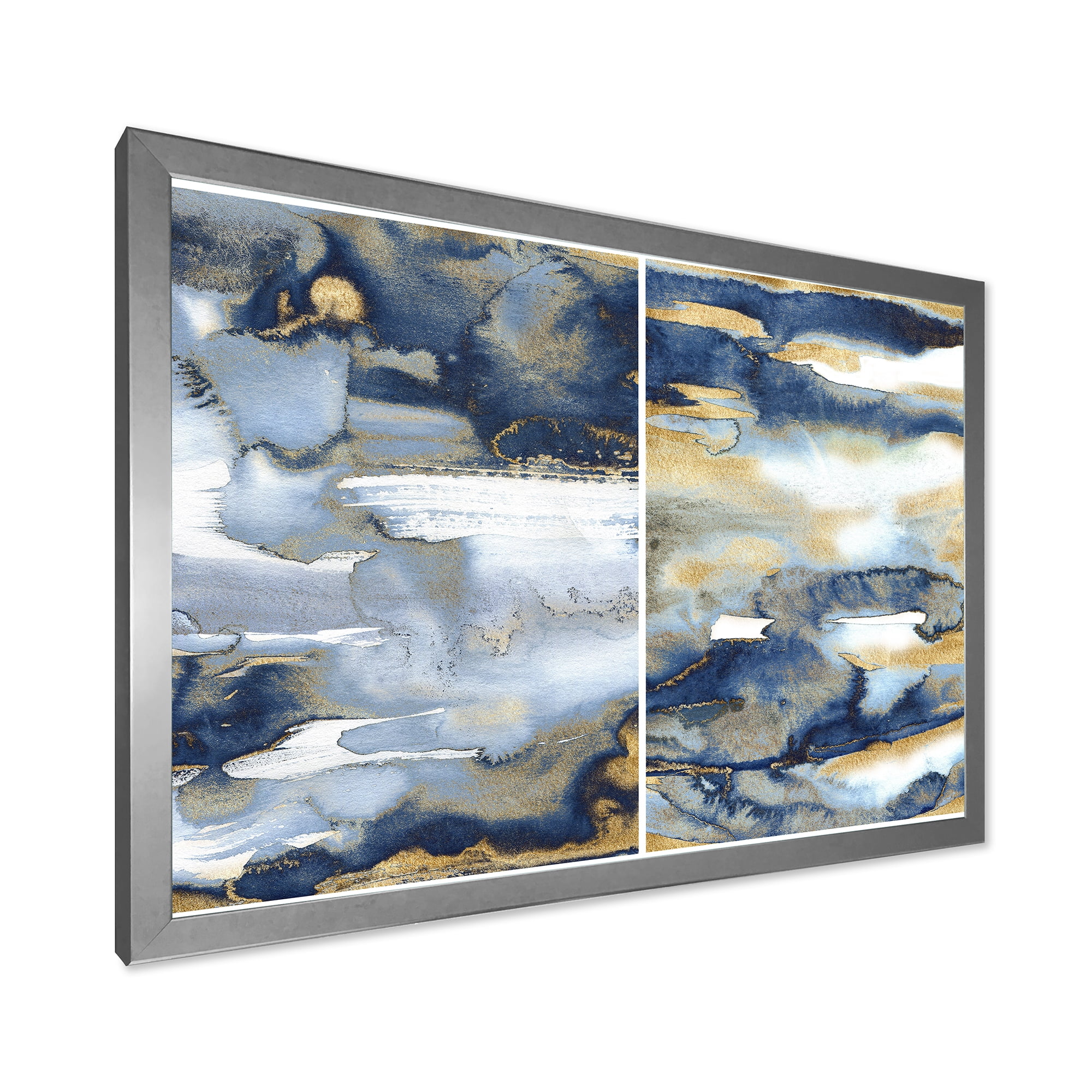 Designart 'Gold and Dark Blue Abstract II' Modern Framed Art Print