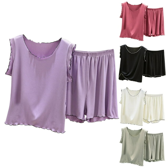 Qtocio Pajama Set for Women,2 Piece Summer Ribbed Knit Loose Style Solid Color Tank Top and Shorts Soft Sleepwear Set