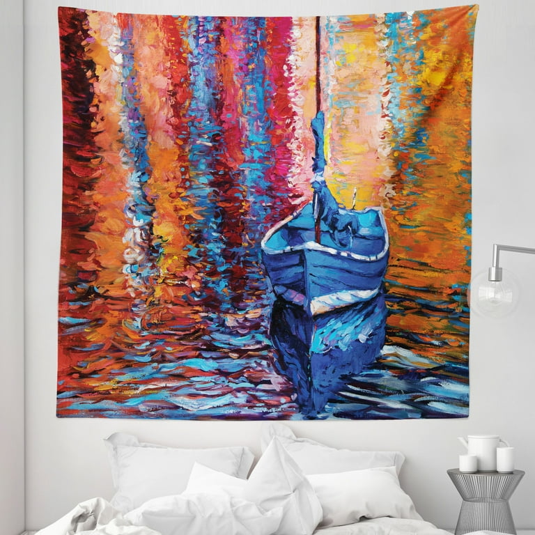 Nautical Tapestry, Pastel Color Paint Fishing Sail Boat in the Sea