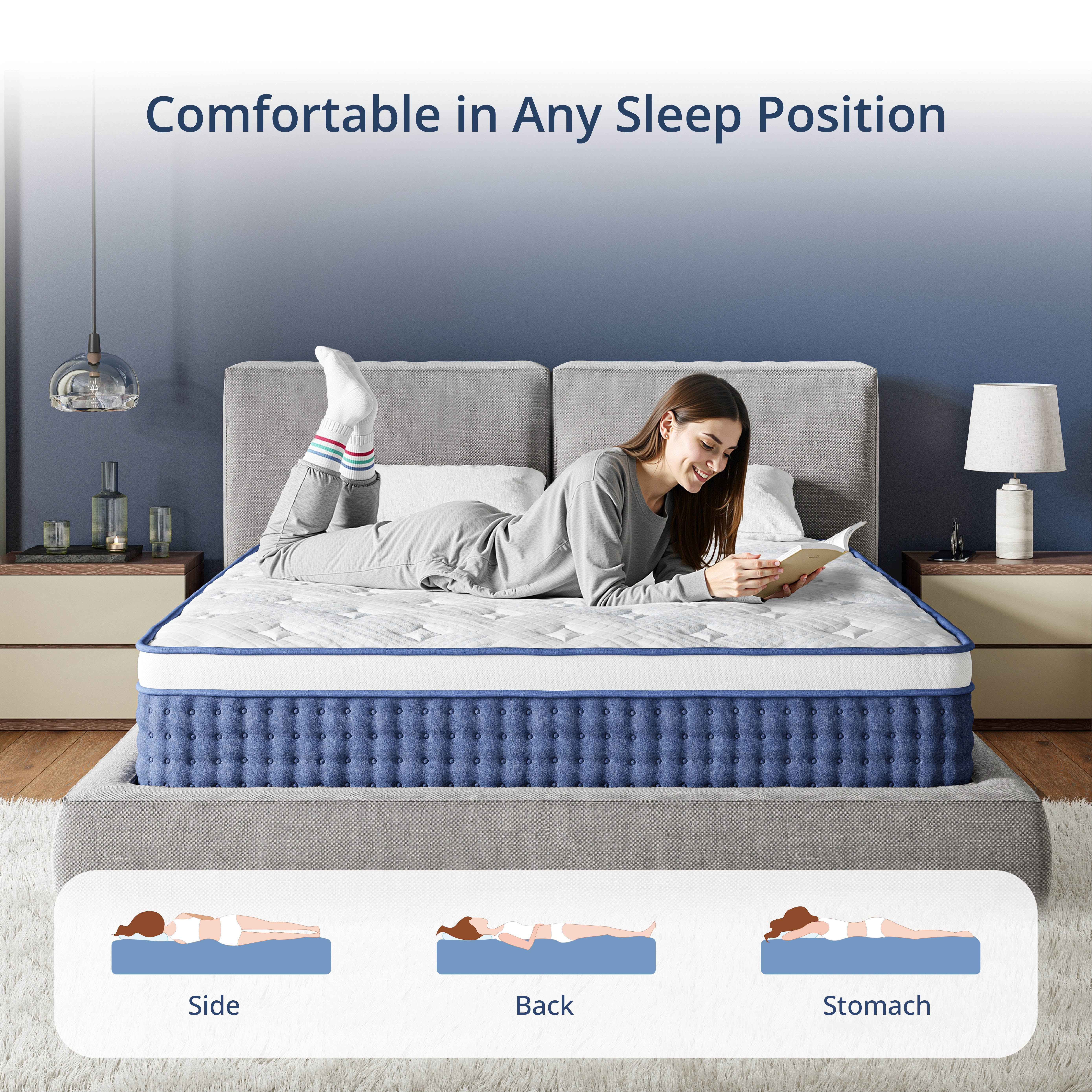 EGOHOME StarryRest Queen Mattress, 14" Hybrid Mattress in a Box, Medium, Blue