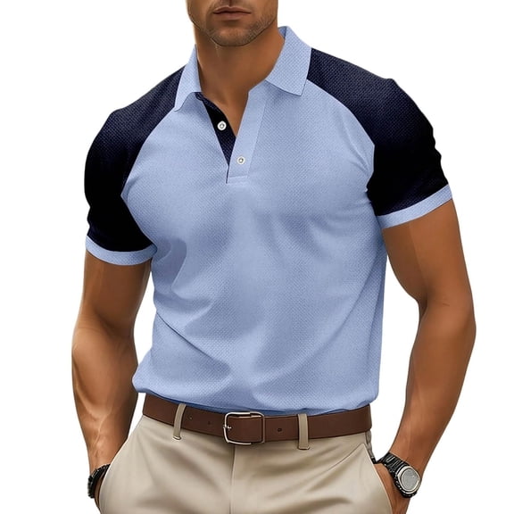 TKKCS Mens Color Block Polo Shirt- Raglan Sleeve Casual Lightweight Summer Turndown Collar Breathable Short Sleeve Polos Light Blue Size 3XL