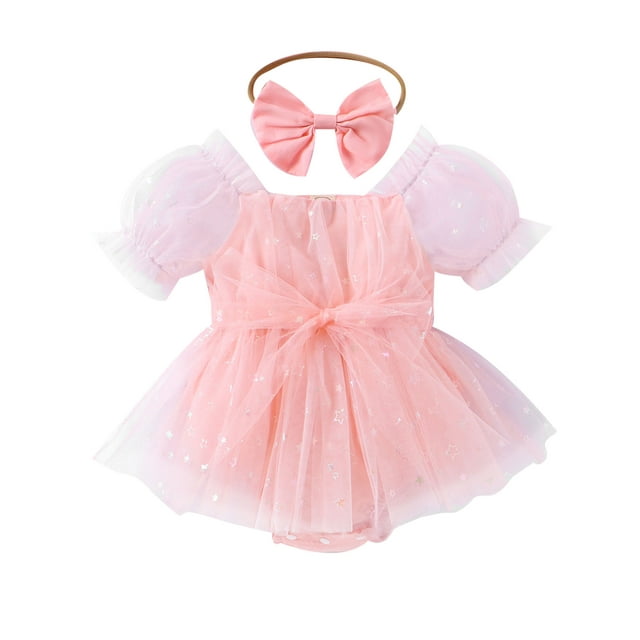 EYIIYE Robe Princesse Bébé Tout-Petit Robe d'Été pour Filles Combinaison à Manches Courtes Robe en Tulle Patchwork Justaucorps avec Bandeau Robe Formelle Mignonne pour Soirée de Mariage