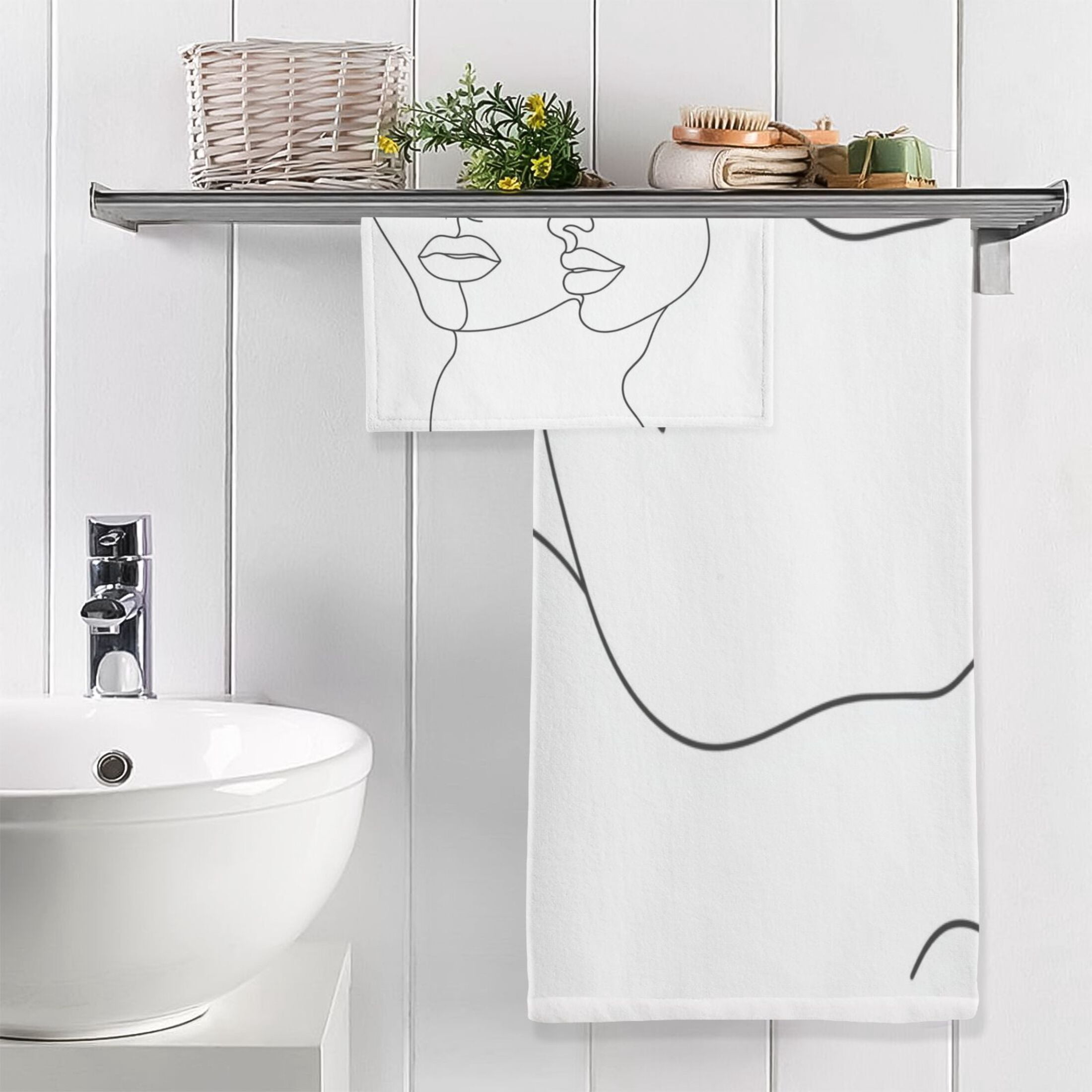 Simple Line Drawing Face 2 Piece Cotton Bath and Face Towel Set Soft and Absorbent, for Beach Pool Bathroom