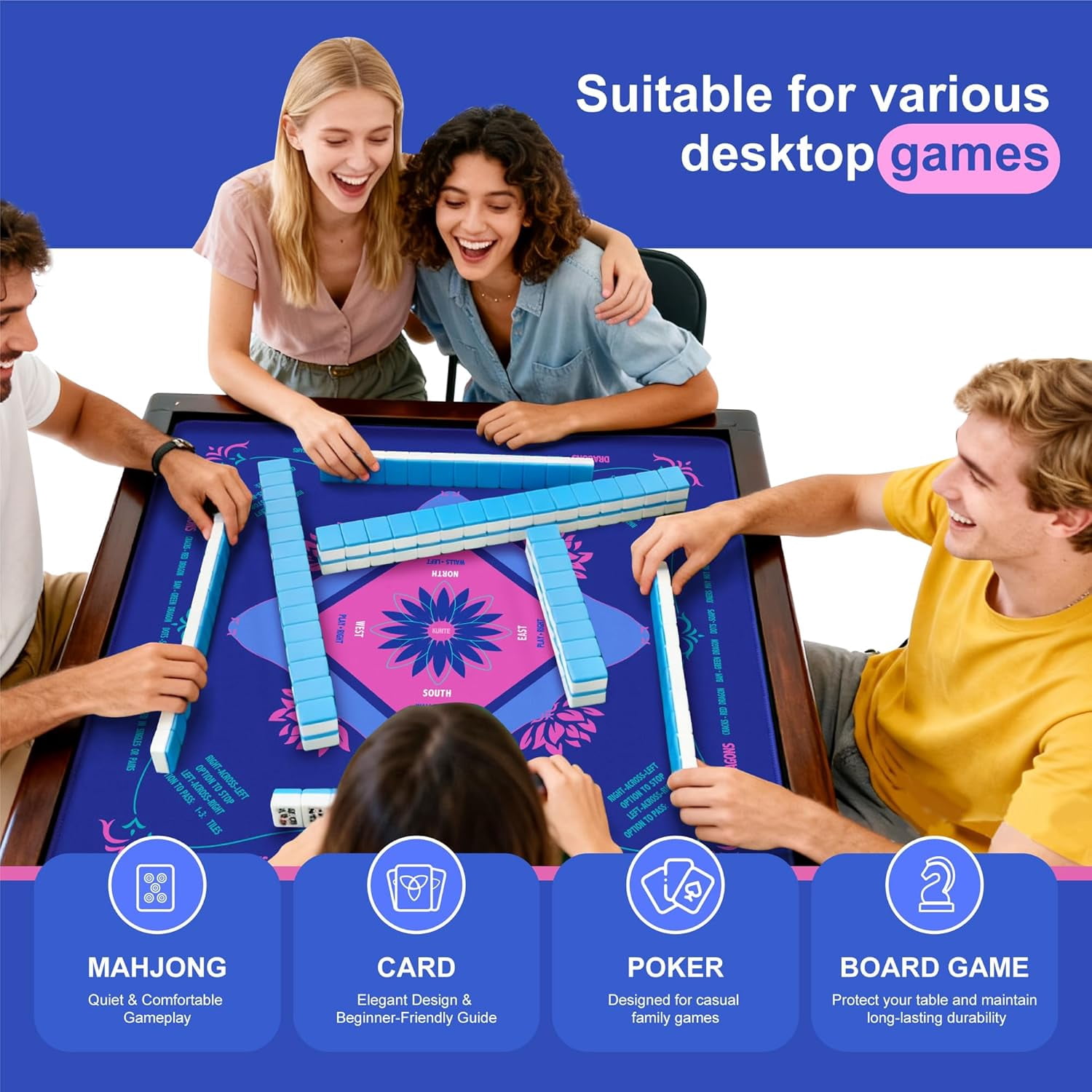Mahjong Mat for Table, American Mahjong Mat with Printed Rules, 32x32 Inch Non-Slip, Quiet and Foldable Game Mat (Blue)