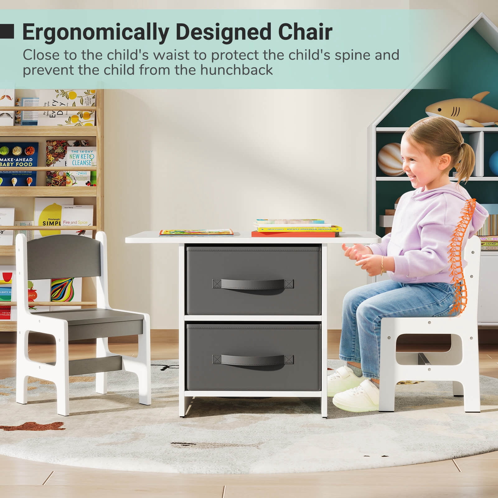 Costway Babyjoy Kids Art Play Wood 2-Piece Chair and Storage Activity Table Set, Grey/White