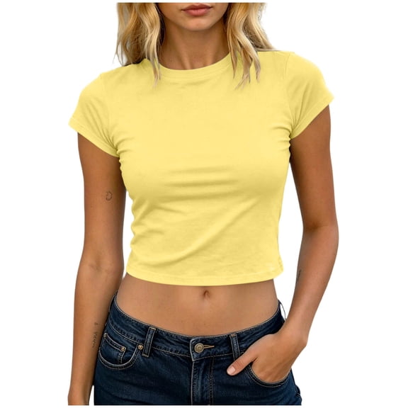 CYMMPU Women's Summer Casual Solid Color Crew Neck T-Shirt, Short Sleeve Relaxed Fit Everyday Top Yellow XXL