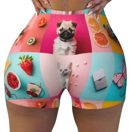Workout Shorts Women  Colorful Dog Cat Collage Biker Shorts for Women Running Gym Spandex Shorts Tummy Control
